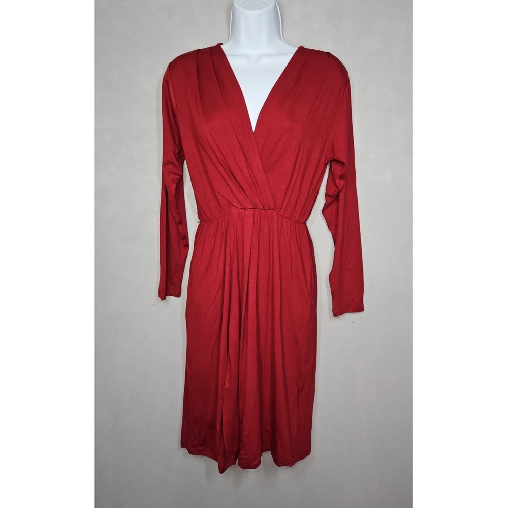 Fraiche By J Womens Burgundy V Neck Faux Wrap Midi Dress Size Small NWT